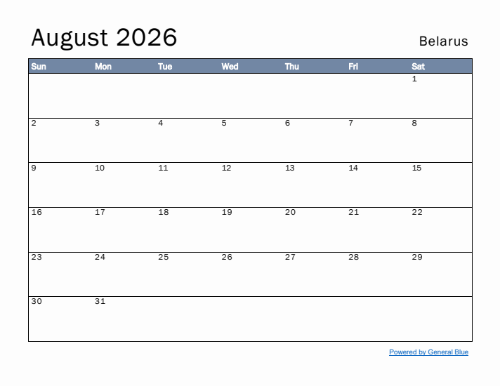 August 2026 Simple Monthly Calendar for Belarus