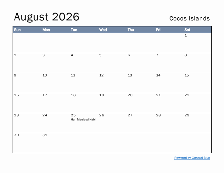 August 2026 Simple Monthly Calendar for Cocos Islands