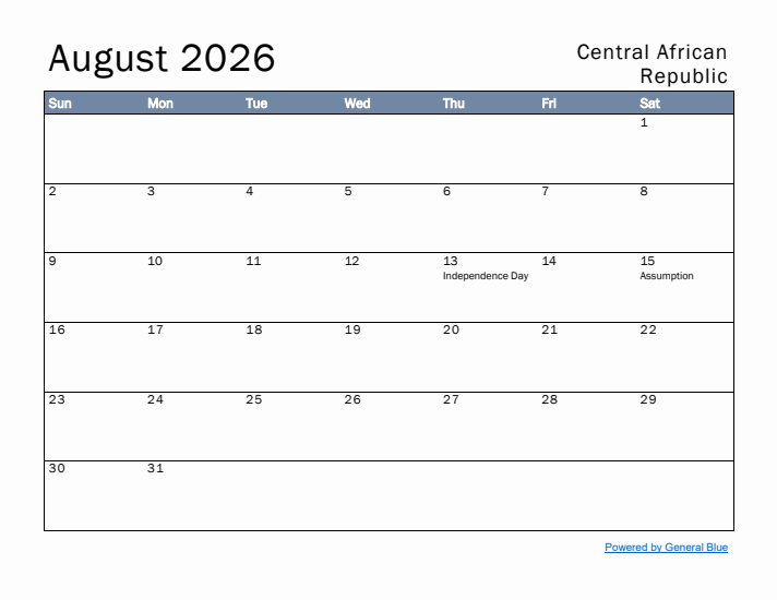 August 2026 Simple Monthly Calendar for Central African Republic