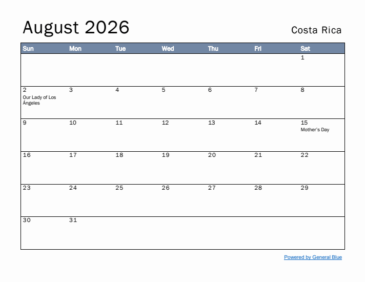 August 2026 Simple Monthly Calendar for Costa Rica