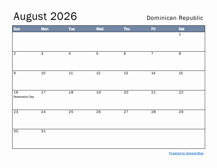 August 2026 Simple Monthly Calendar for Dominican Republic