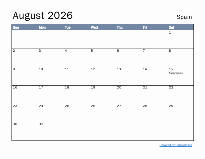 August 2026 Simple Monthly Calendar for Spain