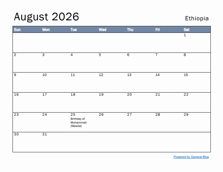 August 2026 Simple Monthly Calendar for Ethiopia