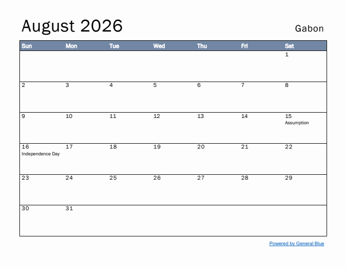 August 2026 Simple Monthly Calendar for Gabon