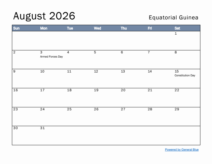 August 2026 Simple Monthly Calendar for Equatorial Guinea