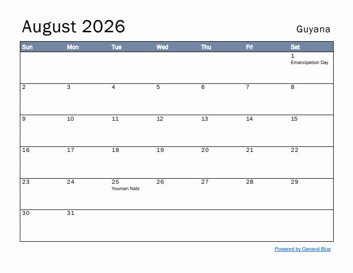 August 2026 Simple Monthly Calendar for Guyana