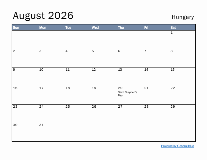 August 2026 Simple Monthly Calendar for Hungary