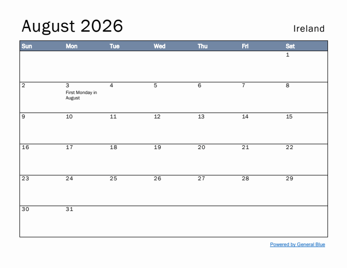 August 2026 Simple Monthly Calendar for Ireland