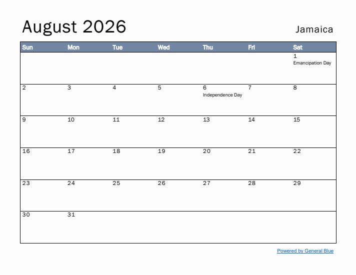 August 2026 Simple Monthly Calendar for Jamaica