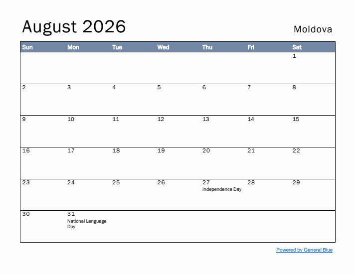 August 2026 Simple Monthly Calendar for Moldova