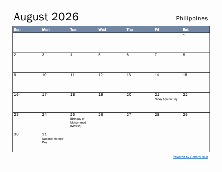 August 2026 Simple Monthly Calendar for Philippines