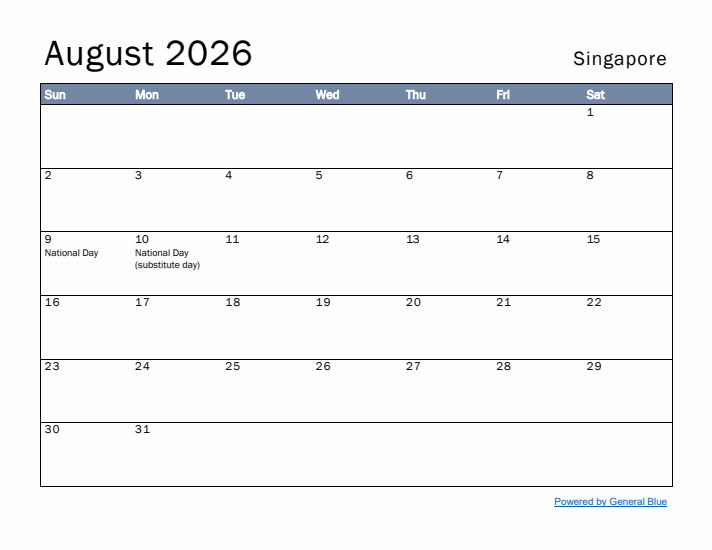 August 2026 Simple Monthly Calendar for Singapore