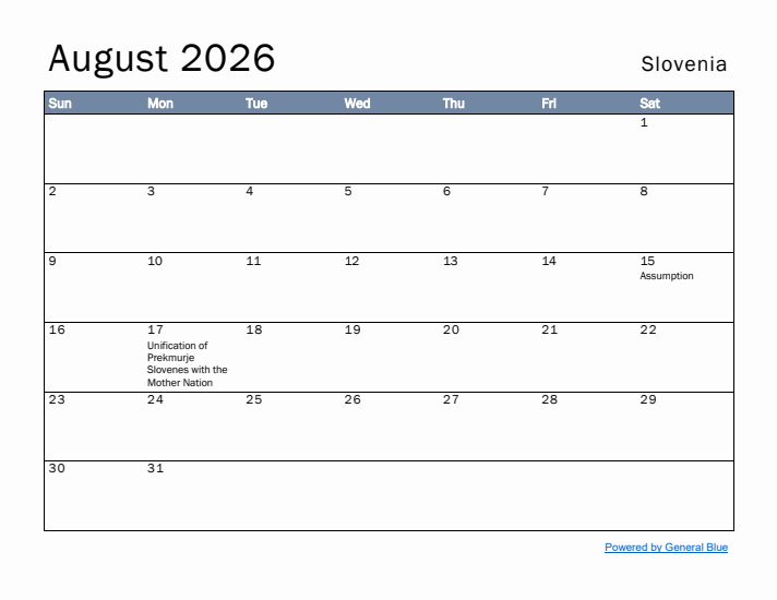 August 2026 Simple Monthly Calendar for Slovenia