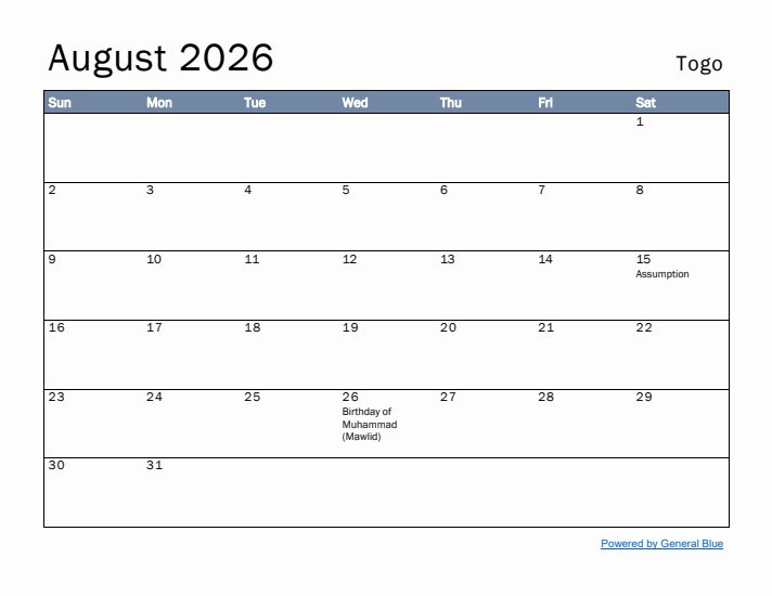 August 2026 Simple Monthly Calendar for Togo