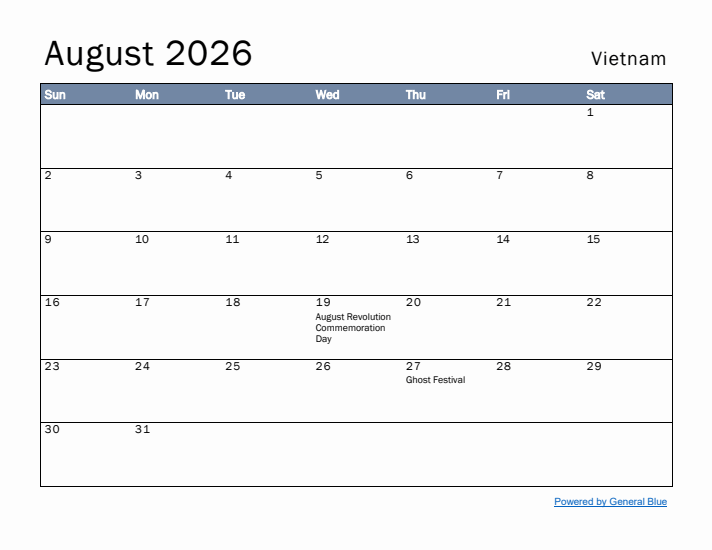 August 2026 Simple Monthly Calendar for Vietnam