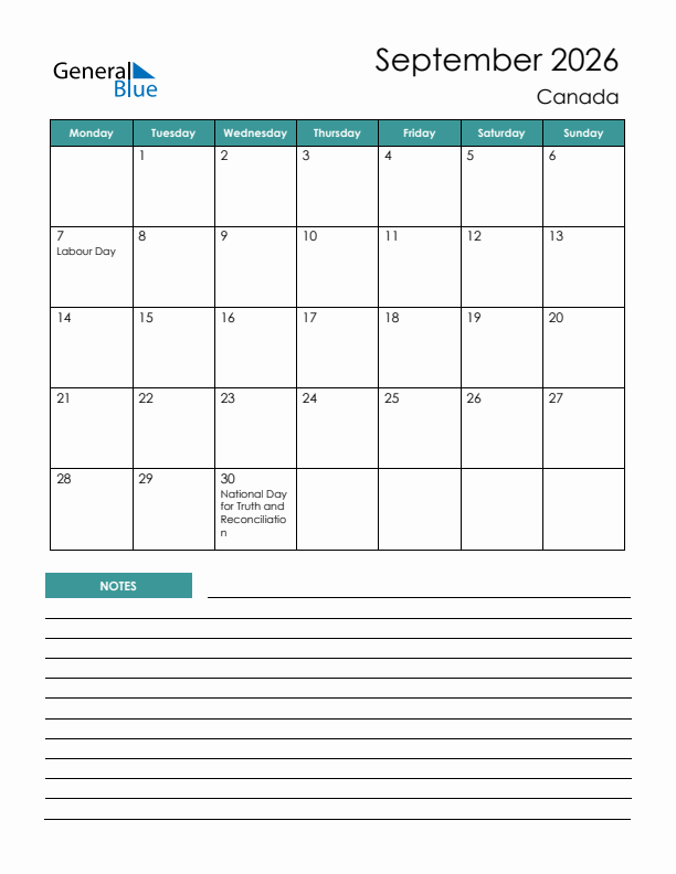 Calendar with Notes Printable - Monday Start