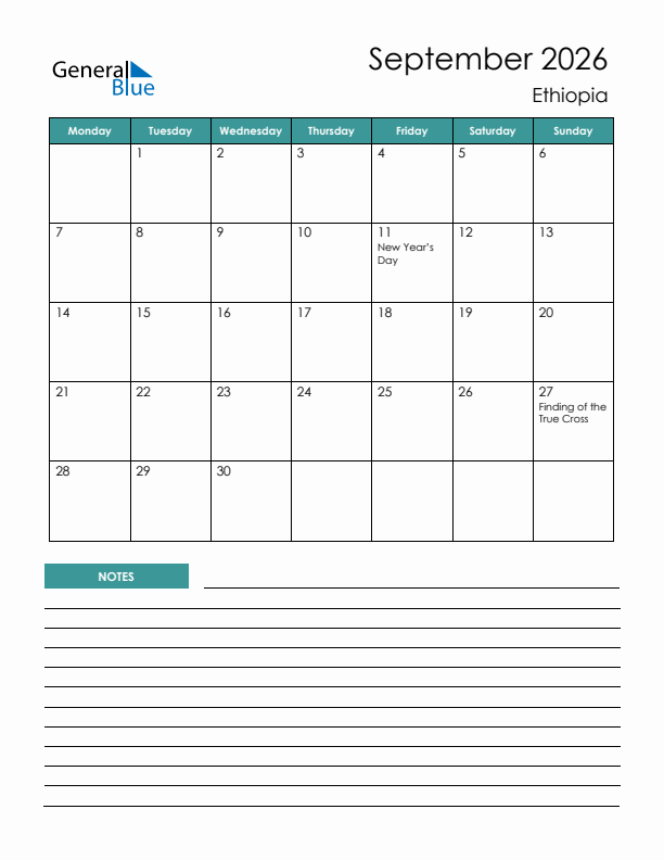 Calendar with Notes Printable - Monday Start