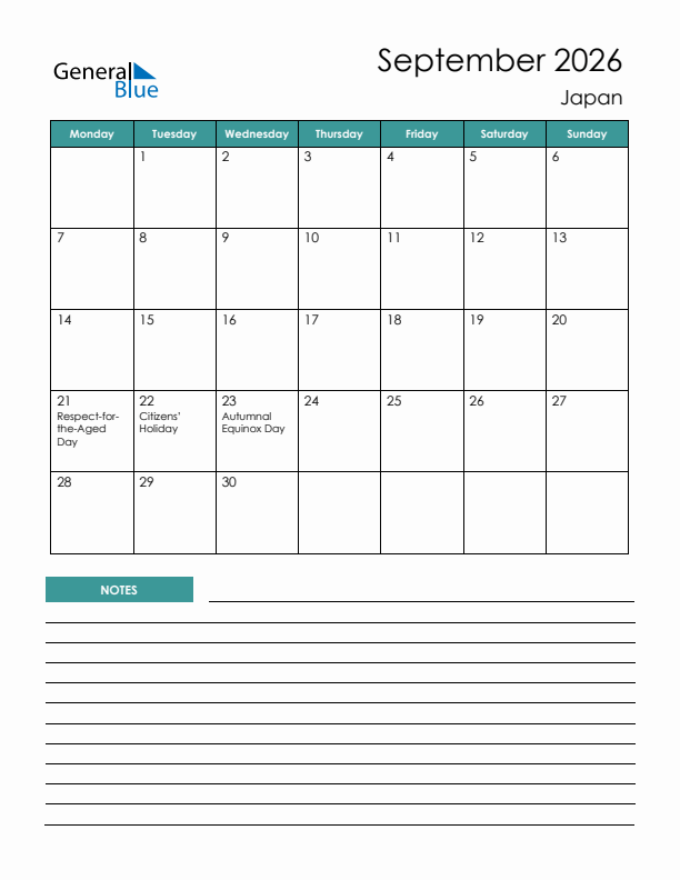 Calendar with Notes Printable - Monday Start