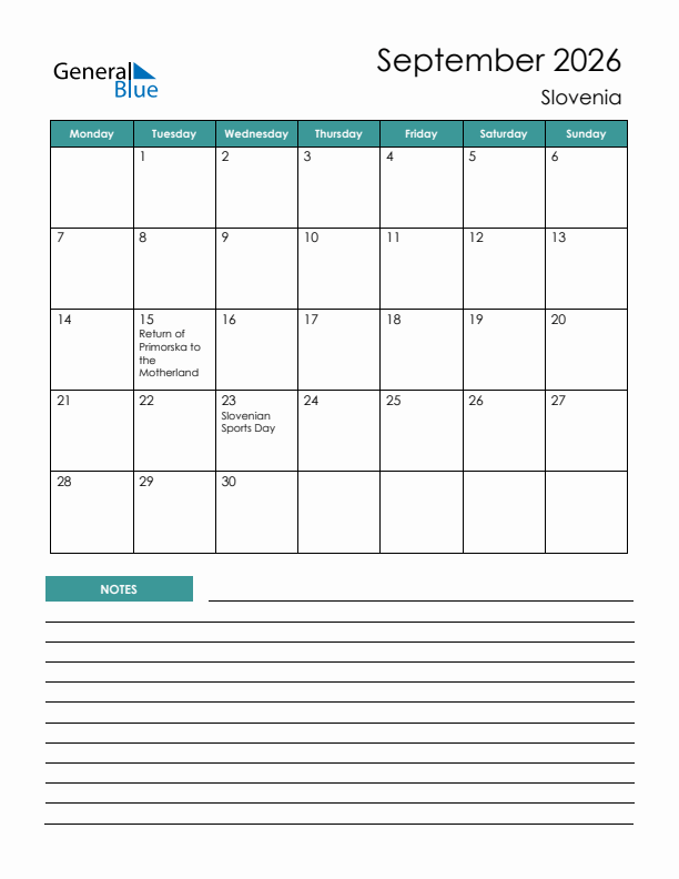 Calendar with Notes Printable - Monday Start