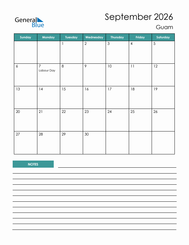 Calendar with Notes Printable - Sunday Start