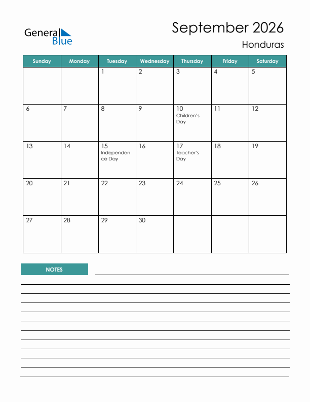 Calendar with Notes Printable - Sunday Start