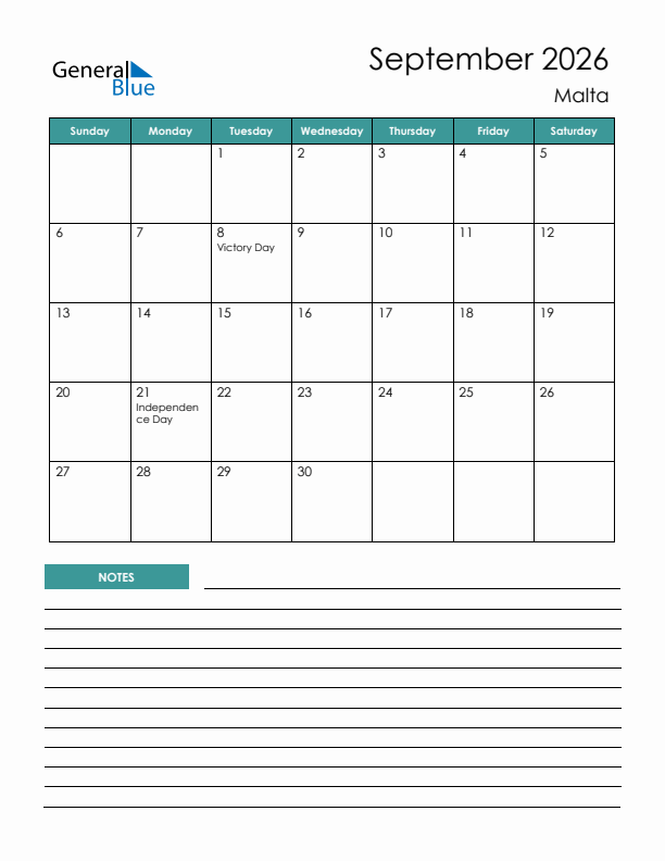 Calendar with Notes Printable - Sunday Start