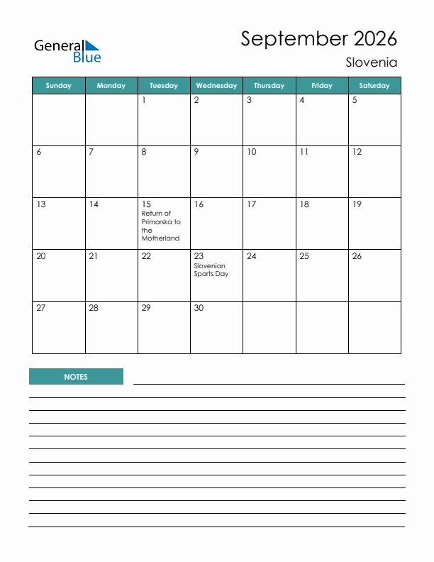 Calendar with Notes Printable - Sunday Start