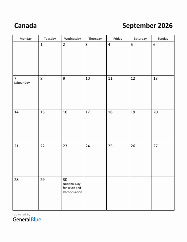 September 2026 Calendar with Canada Holidays