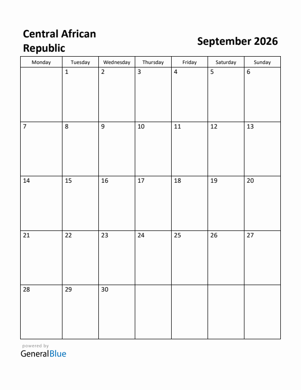 September 2026 Calendar with Central African Republic Holidays