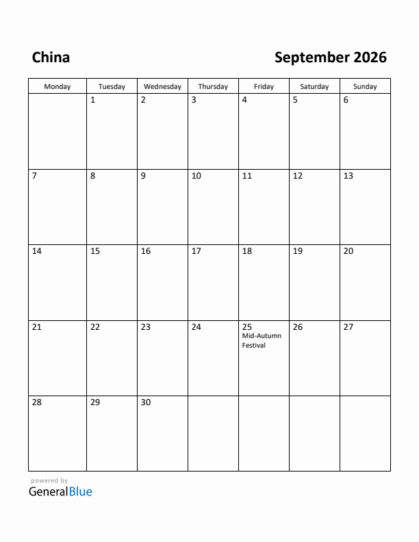 September 2026 Calendar with China Holidays