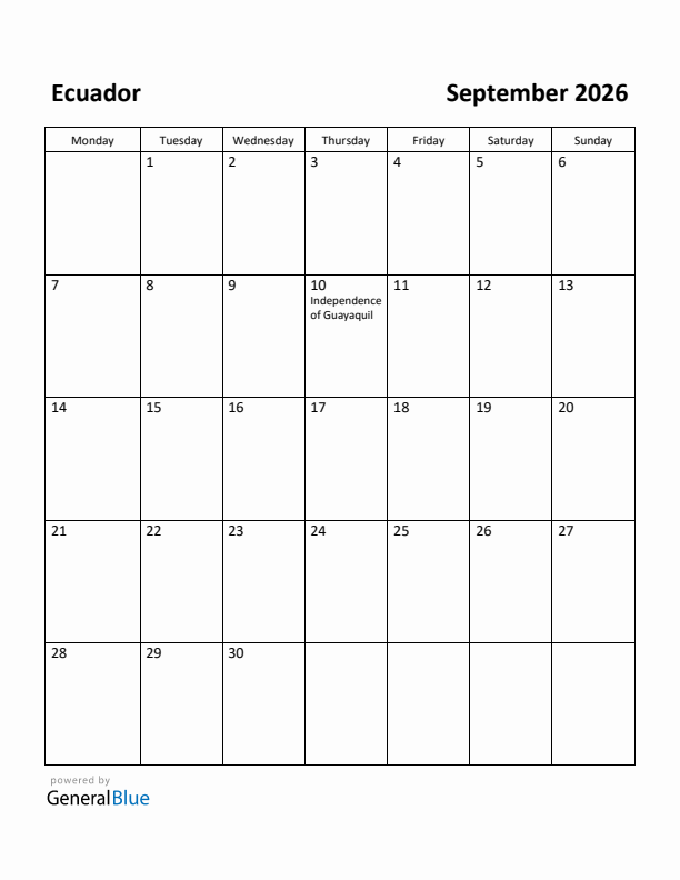 September 2026 Calendar with Ecuador Holidays