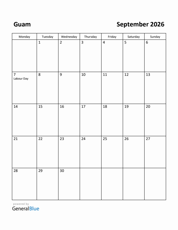 September 2026 Calendar with Guam Holidays