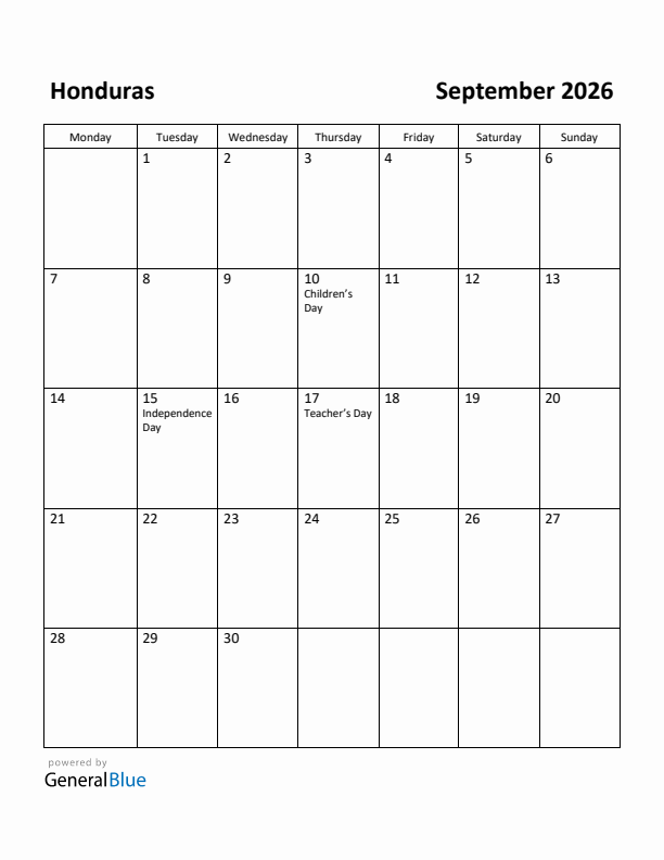 September 2026 Calendar with Honduras Holidays