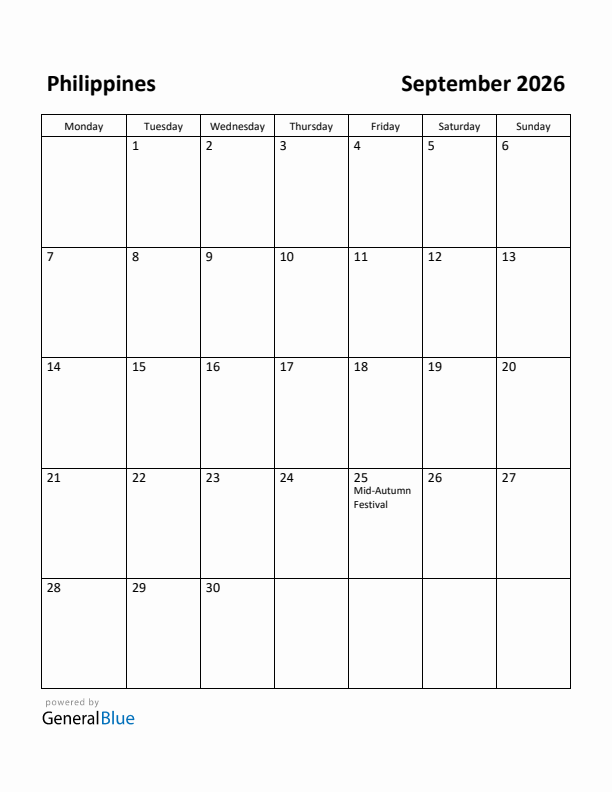 September 2026 Calendar with Philippines Holidays