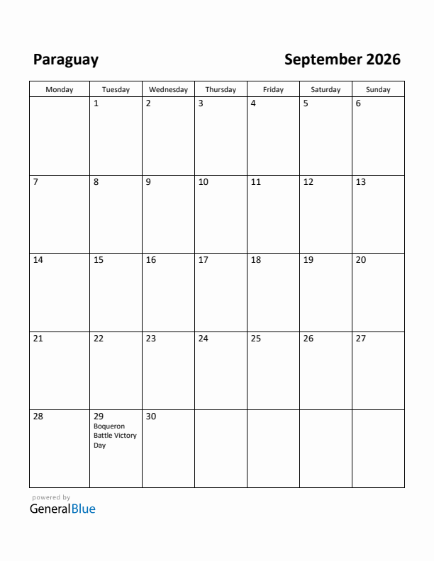 September 2026 Calendar with Paraguay Holidays