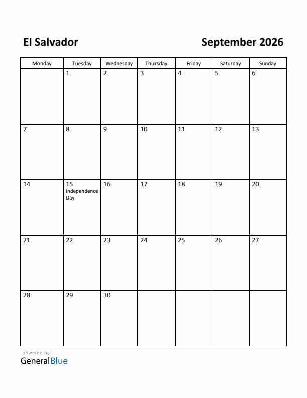 September 2026 Calendar with El Salvador Holidays