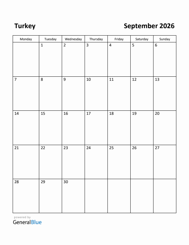 September 2026 Calendar with Turkey Holidays