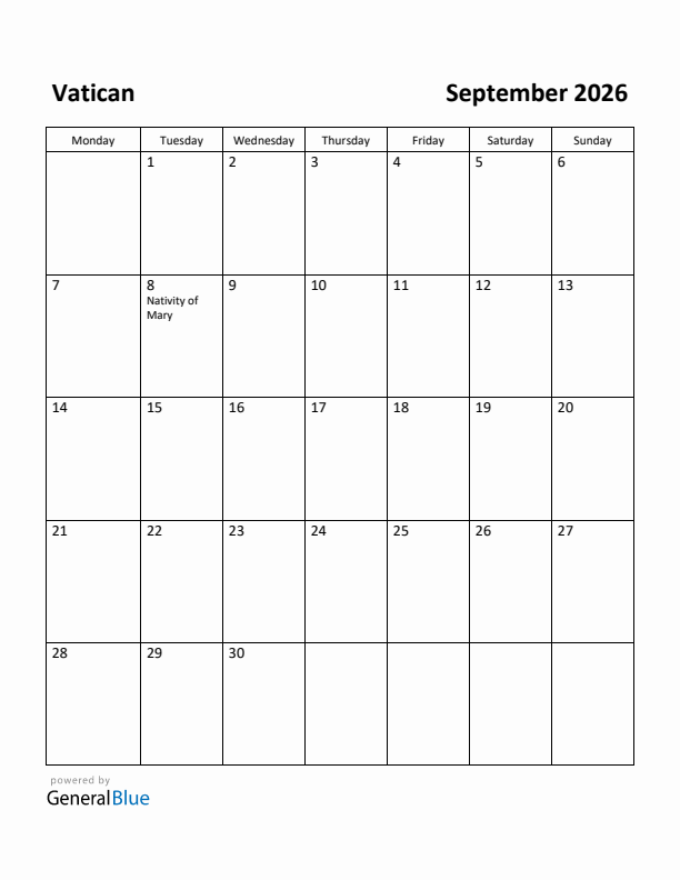 September 2026 Calendar with Vatican Holidays