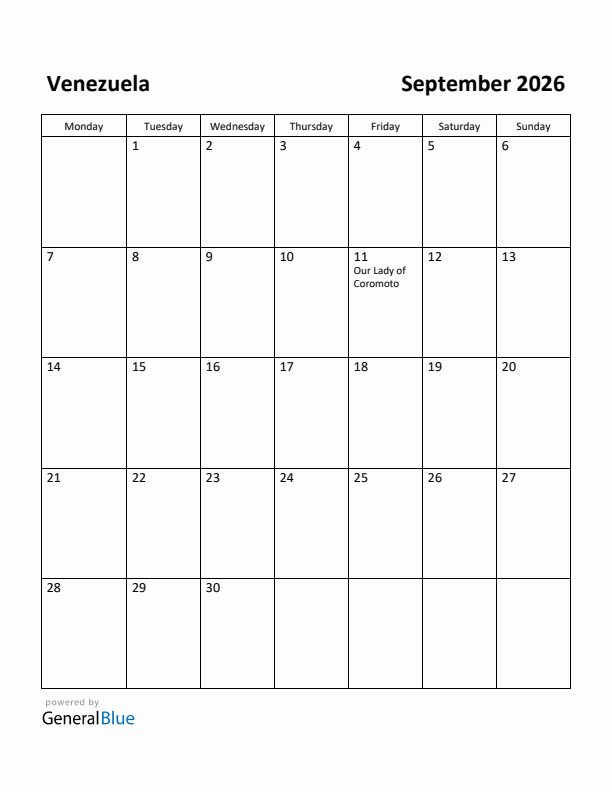 September 2026 Calendar with Venezuela Holidays