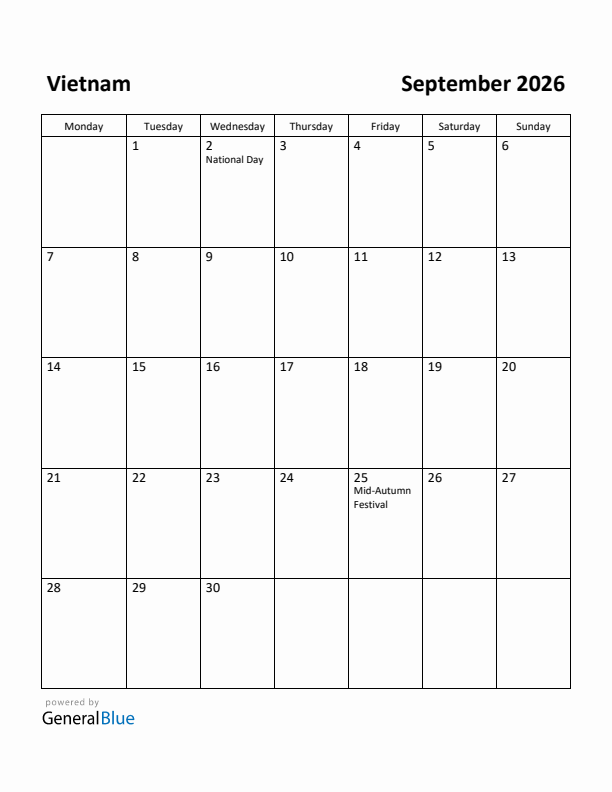 September 2026 Calendar with Vietnam Holidays