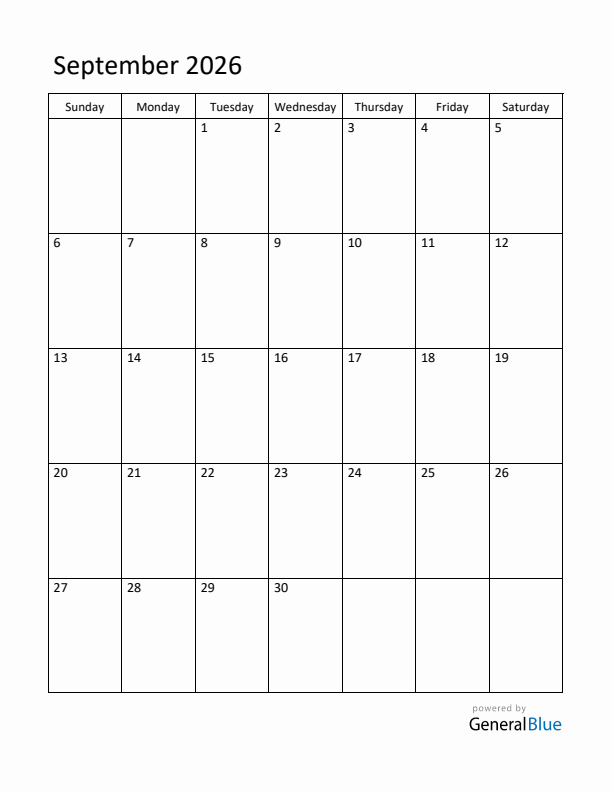 Sunday Start Calendar for September 2026