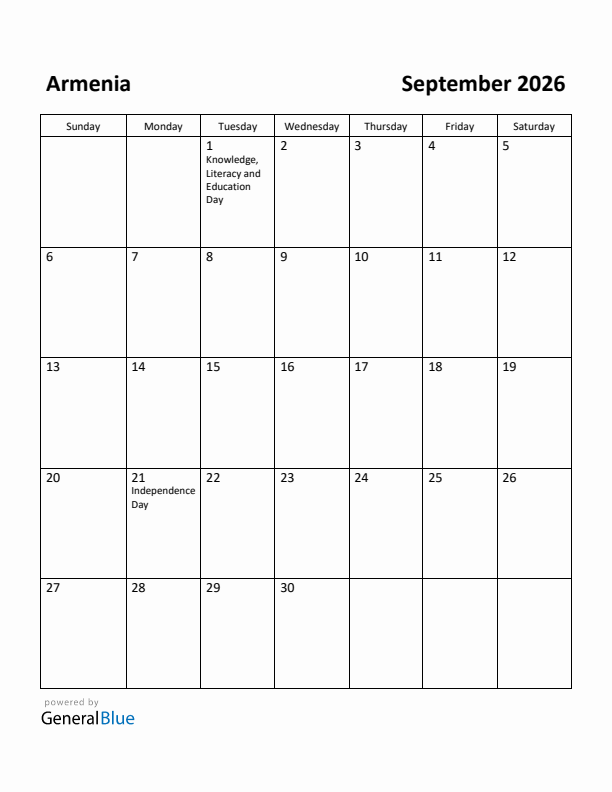 September 2026 Calendar with Armenia Holidays