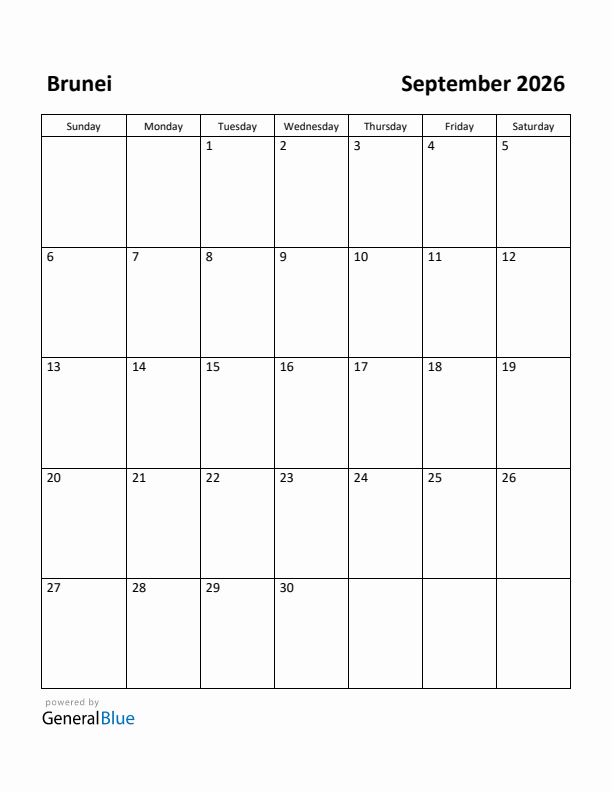 September 2026 Calendar with Brunei Holidays