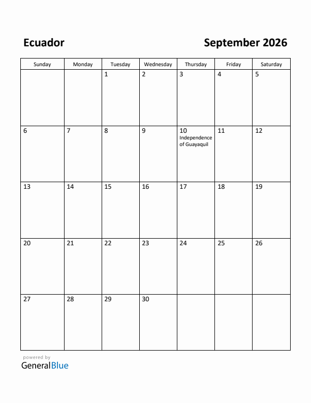 September 2026 Calendar with Ecuador Holidays