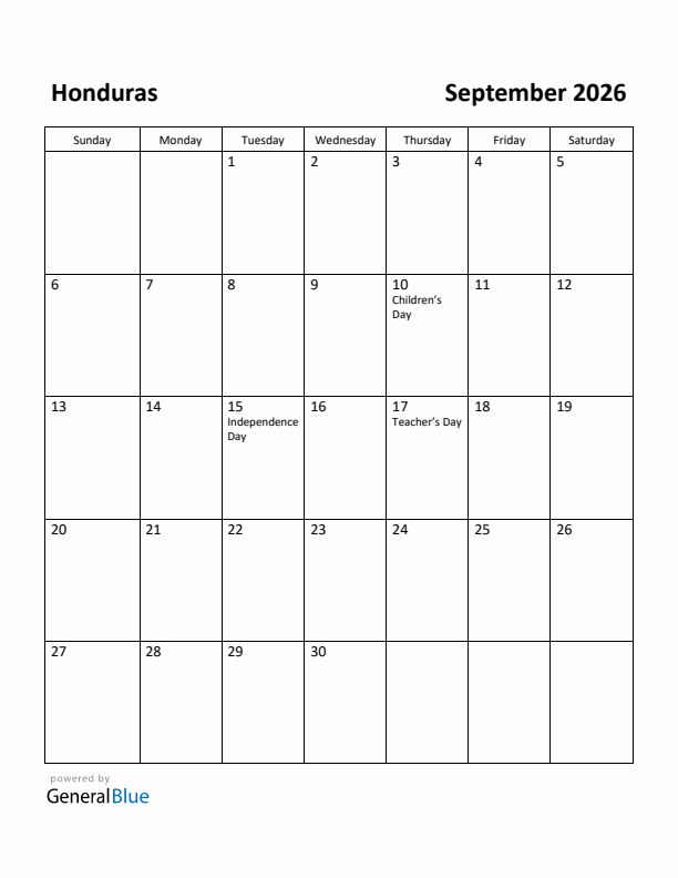 September 2026 Calendar with Honduras Holidays