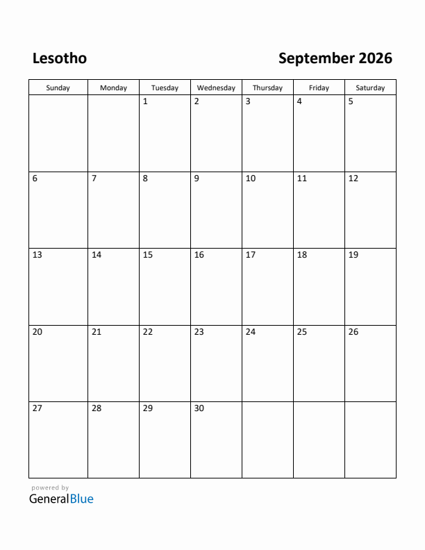 September 2026 Calendar with Lesotho Holidays