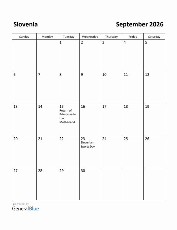 September 2026 Calendar with Slovenia Holidays