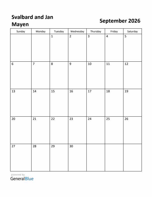 September 2026 Calendar with Svalbard and Jan Mayen Holidays