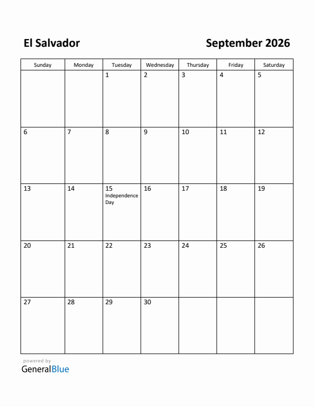 September 2026 Calendar with El Salvador Holidays