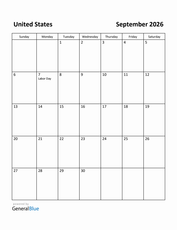 September 2026 Calendar with United States Holidays